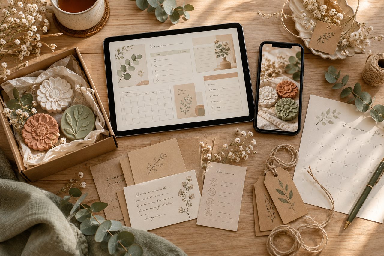 Digital planning tools and handmade stones styled on a natural wood desk